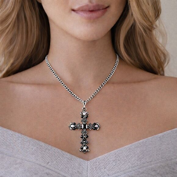 no brand Jewelry - Beautiful Black Crystal Cross Pendant Necklace Silver Curb Chain 15/18”